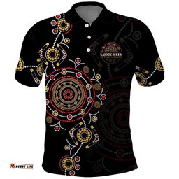 NAIDOC Deadly 50 Years Polo Shirt Aboriginal Black Gold Boomerang Art LT9