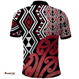 New Zealand Polo Shirt Aotearoa Kowhaiwhai Mix Taniko Art - Red LT14