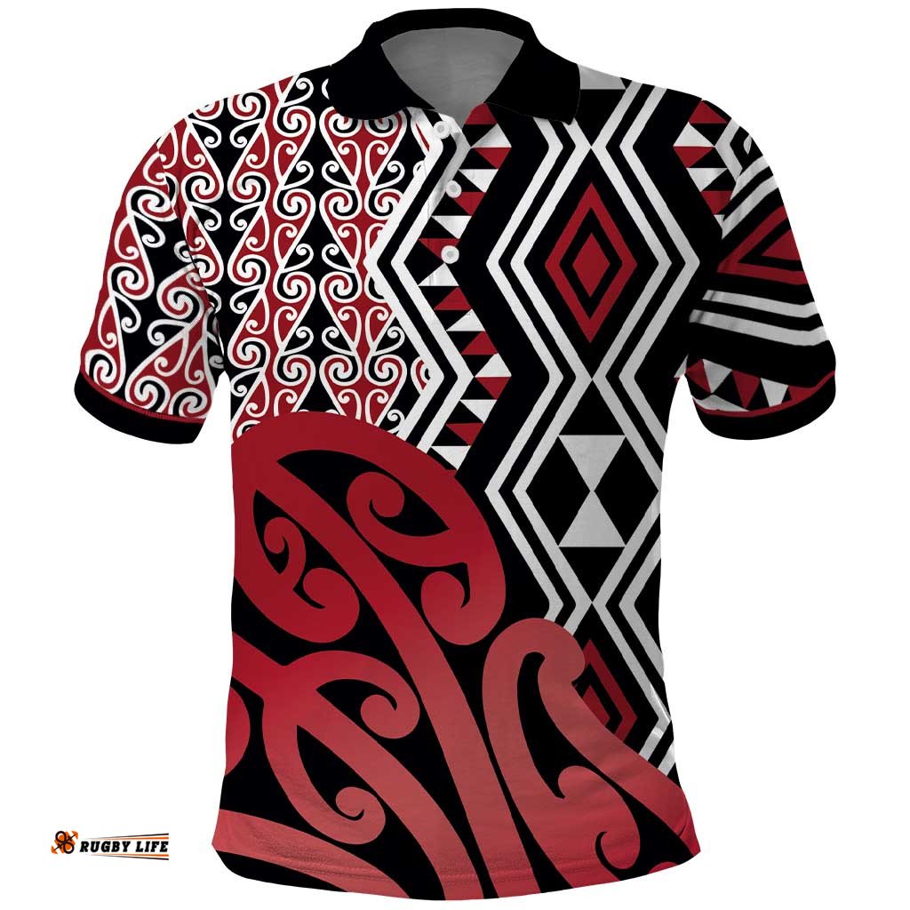 New Zealand Polo Shirt Aotearoa Kowhaiwhai Mix Taniko Art - Red LT14