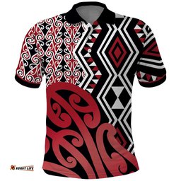New Zealand Polo Shirt Aotearoa Kowhaiwhai Mix Taniko Art - Red LT14