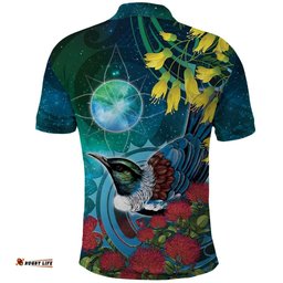 New Zealand Tui Bird Polo Shirt Maori Koru With Pohutukawa Galaxy Style LT05