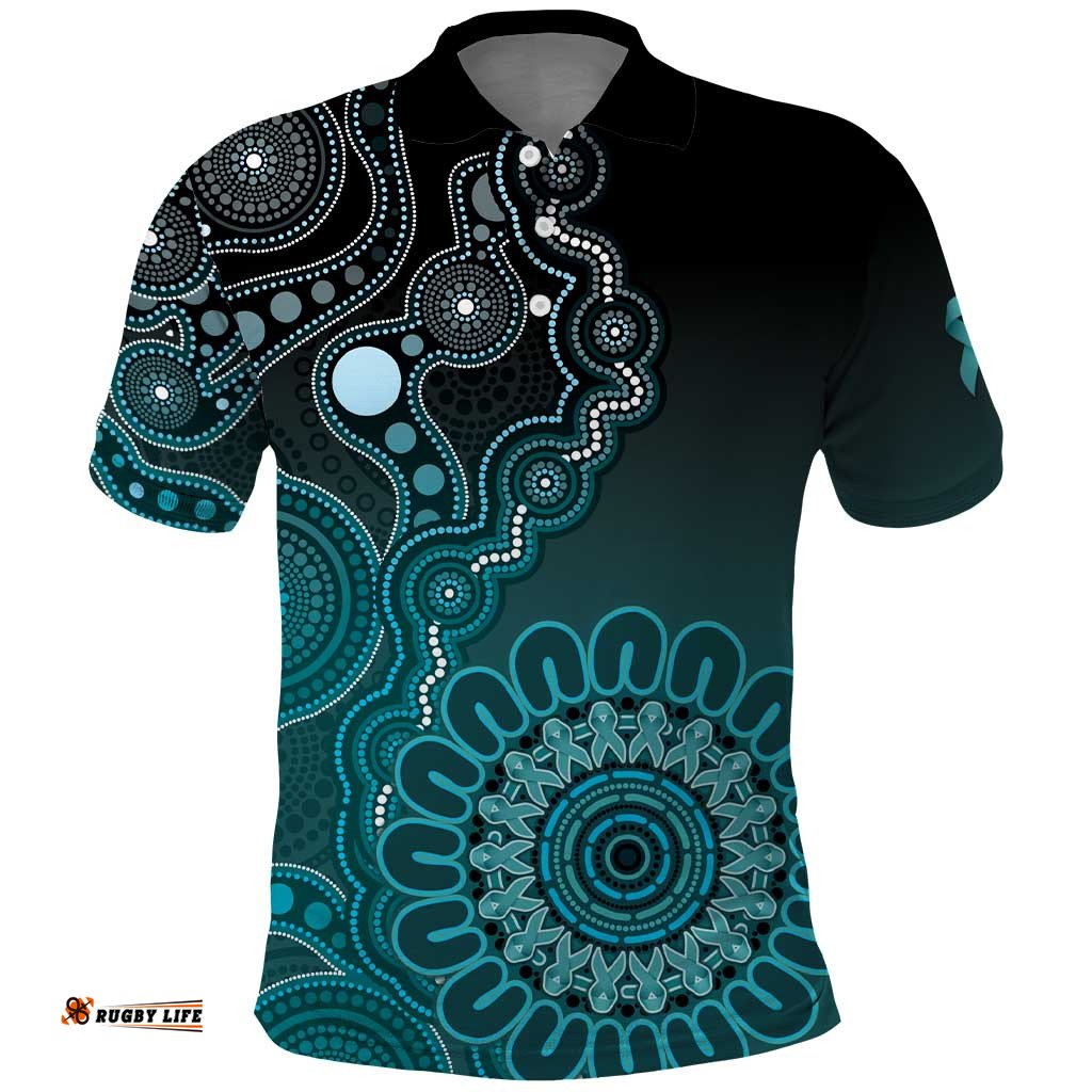 Personalised Ovarian Cancer Awareness Polo Shirt Teal Ribbon Aboriginal Art LT05