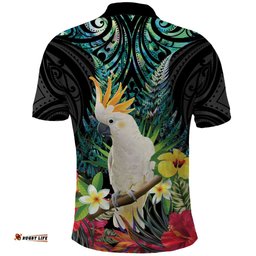 Sulphur-crested Cockatoo New Zealand Polo Shirt Paua Shell Aotearoa Maori Tropical Flowers LT14