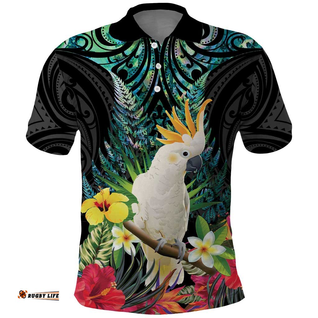 Sulphur-crested Cockatoo New Zealand Polo Shirt Paua Shell Aotearoa Maori Tropical Flowers LT14