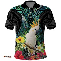 Sulphur-crested Cockatoo New Zealand Polo Shirt Paua Shell Aotearoa Maori Tropical Flowers LT14