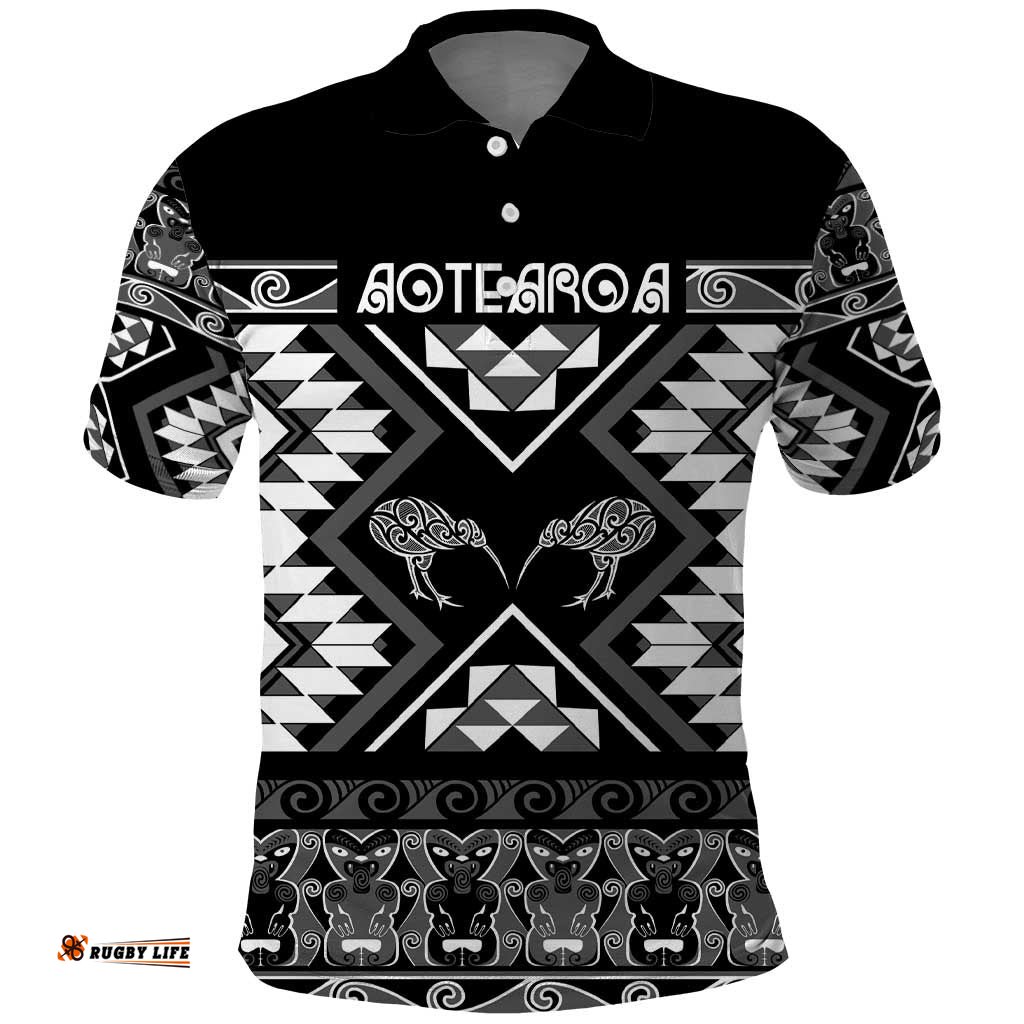 Personalised Taniko Motifs Aotearoa Polo Shirt Waitangi Kowhaiwhai Kiwi - Monochrome LT7