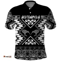 Personalised Taniko Motifs Aotearoa Polo Shirt Waitangi Kowhaiwhai Kiwi - Monochrome LT7