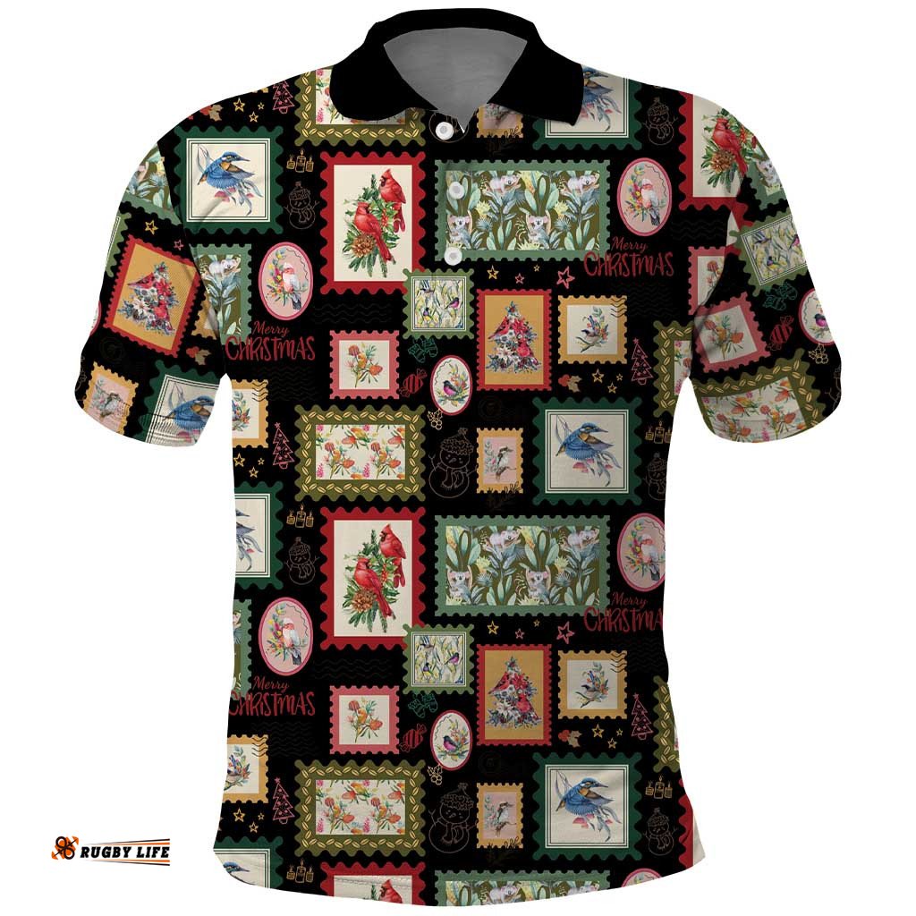 Aussie Birds Christmas La La Land Polo Shirt Black Vintage Stamp Edition LT9