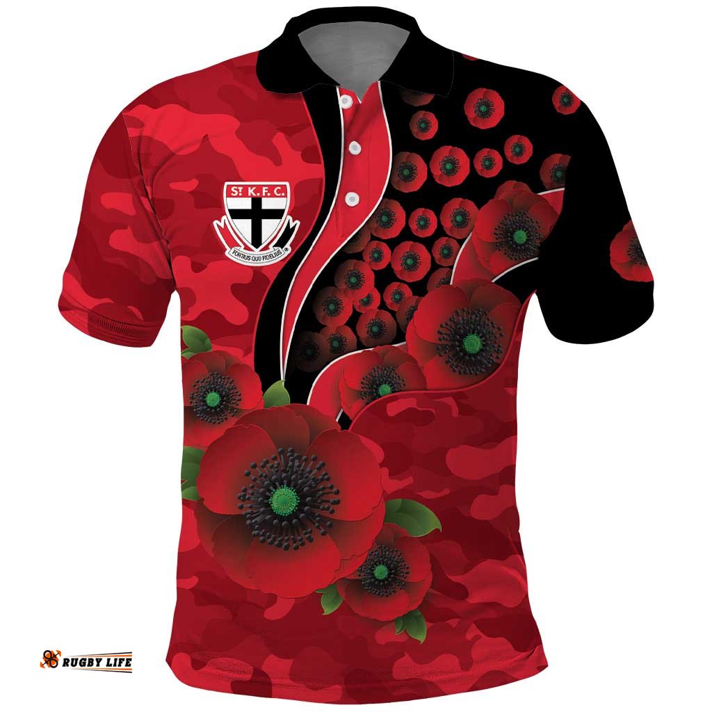 St Saints ANZAC Personalised Polo Shirt Lest We Forget Poppy Camo LT9