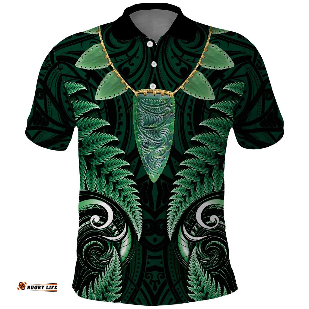 Aotearoa Pounamu Niho Polo Shirt Silver Fern Mix Maori Pattern - Green LT14