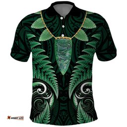Aotearoa Pounamu Niho Polo Shirt Silver Fern Mix Maori Pattern - Green LT14