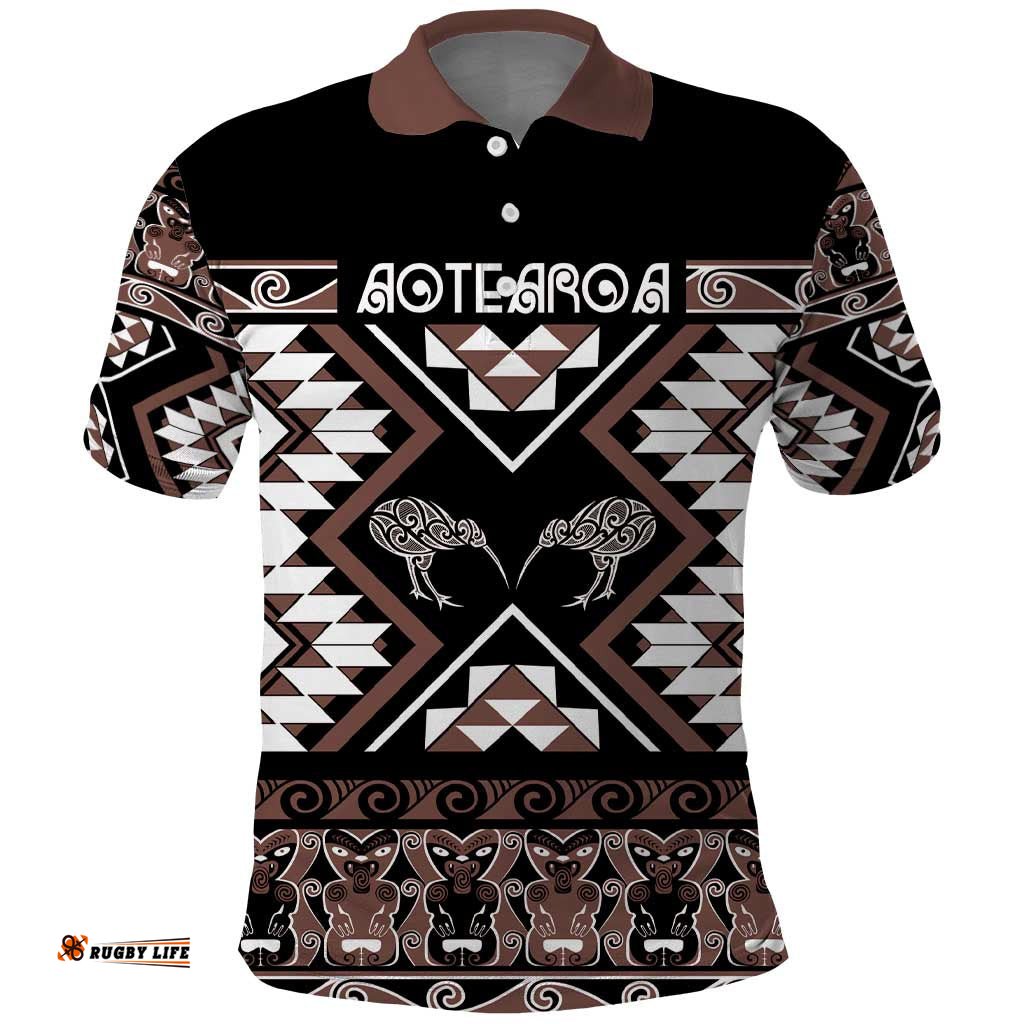 Personalised Taniko Motifs Aotearoa Polo Shirt Waitangi Kowhaiwhai Kiwi - Mocha LT7