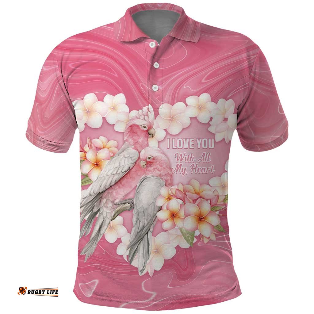 Personalised Pink Galah Australia Valentine's Day Polo Shirt I Love You With All My Heart LT14