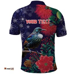 Tui Meri Kirihimete Personalised Polo Shirt Pohutukawa Flowers Blue Motif LT9