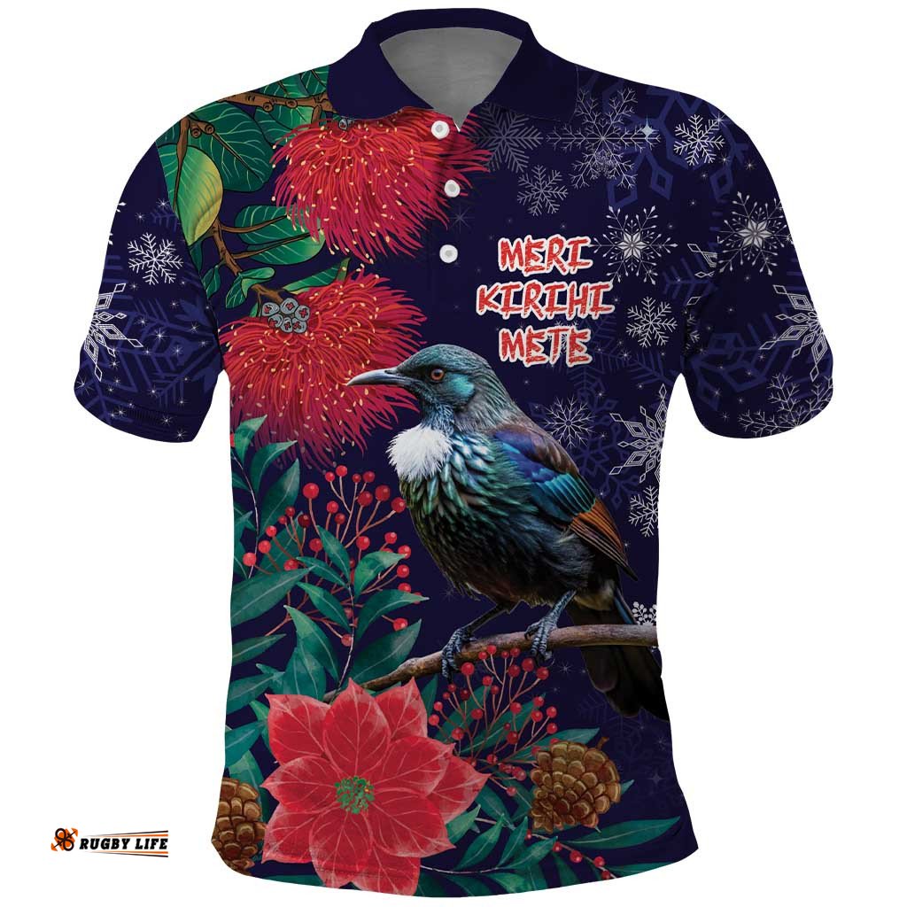 Tui Meri Kirihimete Personalised Polo Shirt Pohutukawa Flowers Blue Motif LT9