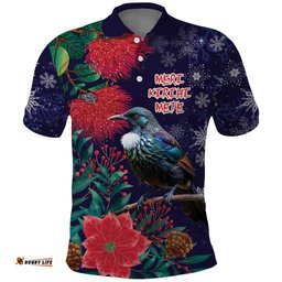 Tui Meri Kirihimete Personalised Polo Shirt Pohutukawa Flowers Blue Motif LT9