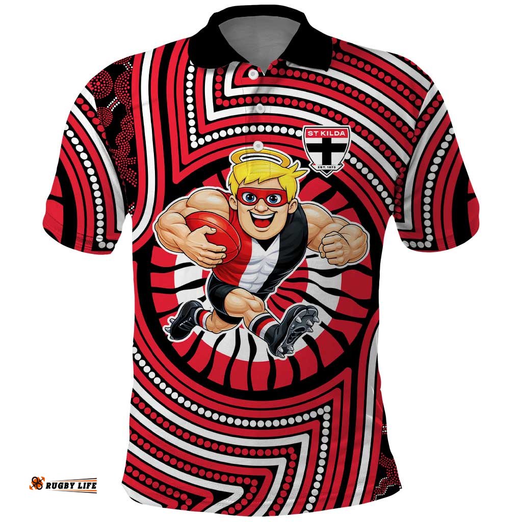 St Kilda Football Club Polo Shirt Indigenous Monochrome Dot Art Mascot Style TS04