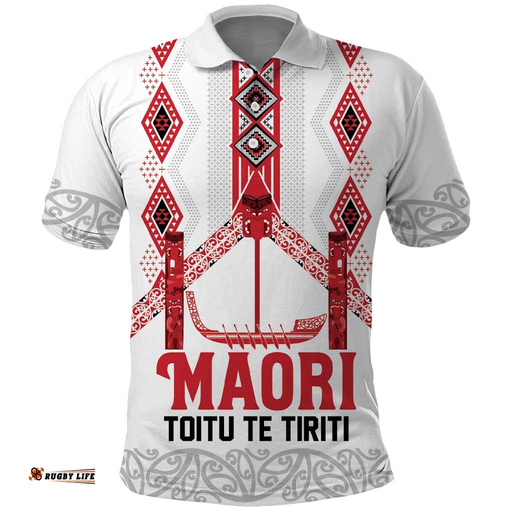 Toitu Te Tiriti Waitangi Polo Shirt White Wharenui House LT9