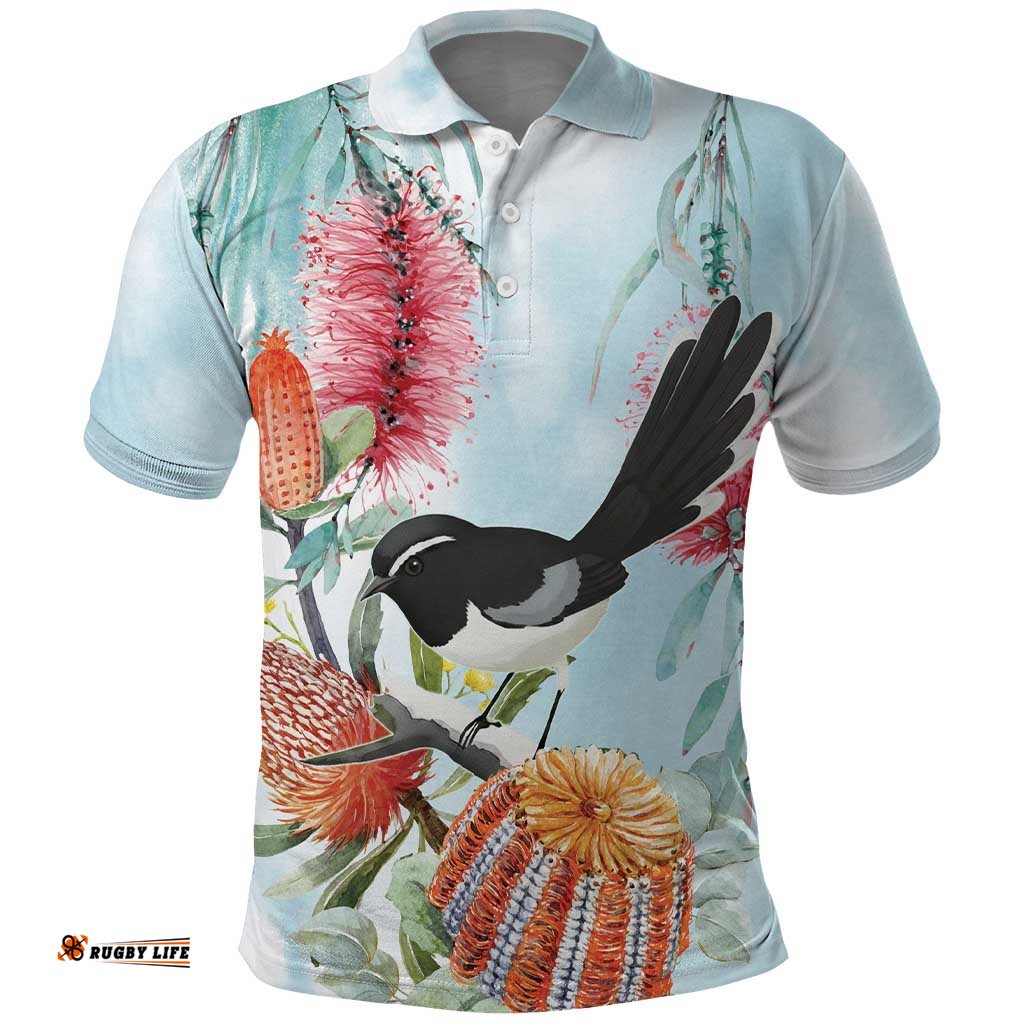 Willie wagtail Australia Polo Shirt Banksia Bottlebrushes Watercolor Stylized LT14