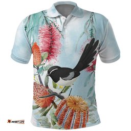 Willie wagtail Australia Polo Shirt Banksia Bottlebrushes Watercolor Stylized LT14