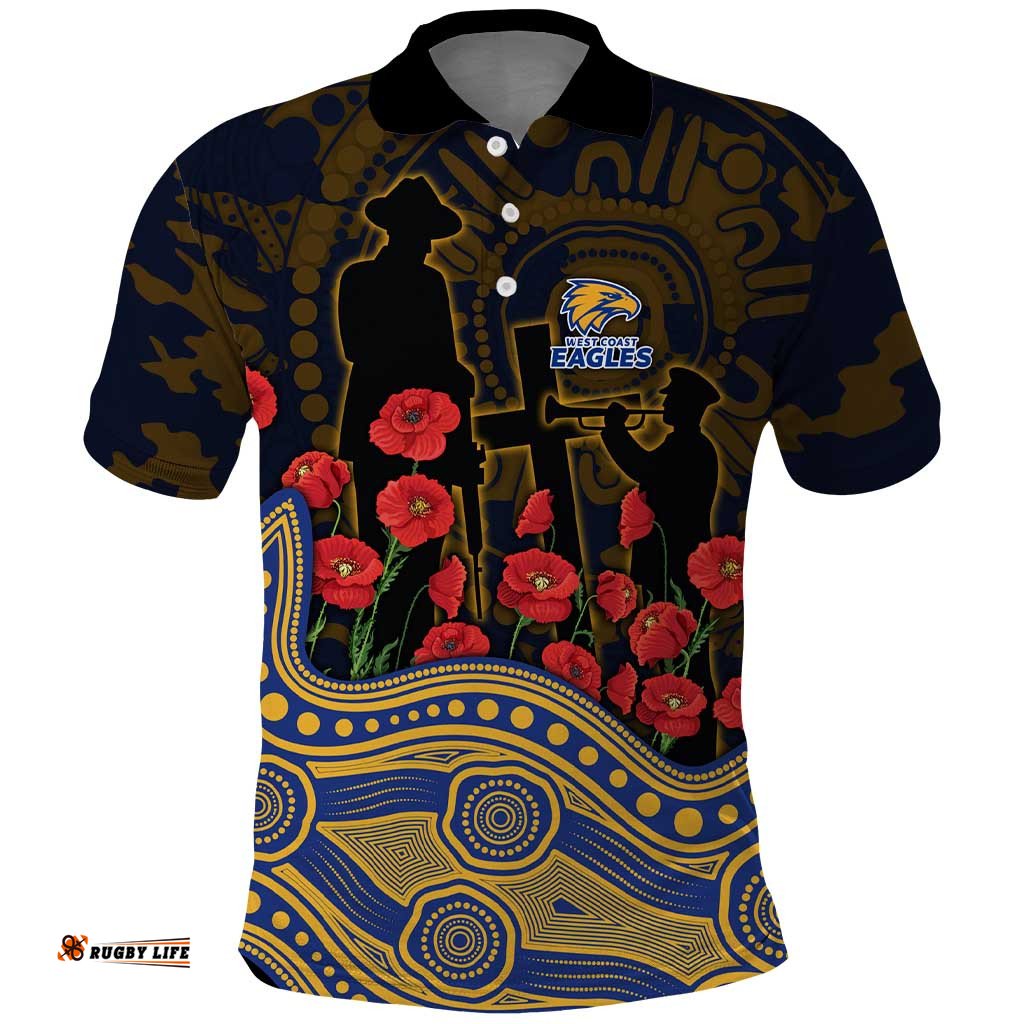West Coast Eagles ANZAC Day Polo Shirt Indigenous Dot Art with Poppy Flower Tribute TS04