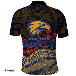 West Coast Eagles ANZAC Day Polo Shirt Indigenous Dot Art with Poppy Flower Tribute TS04