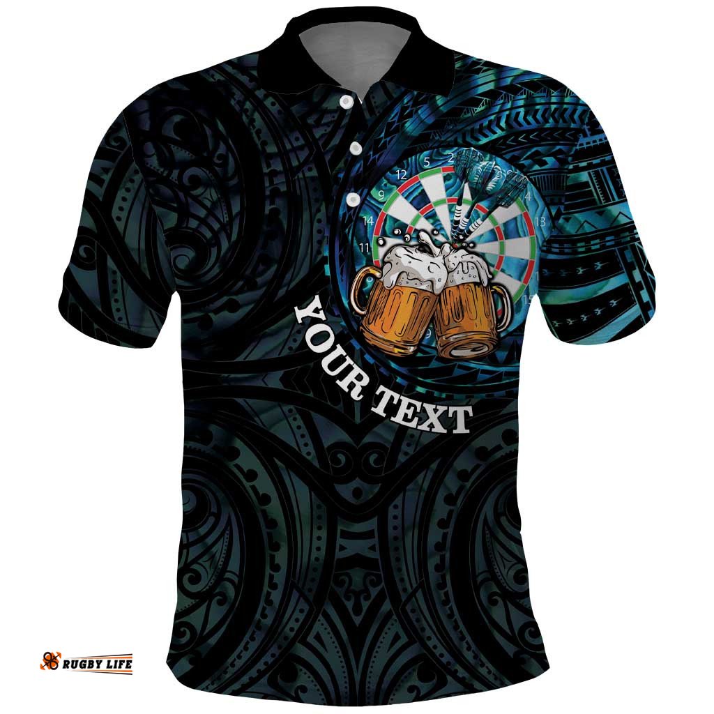 Personalized New Zealand Darts Beer Polo Shirt Paua Shell Aotearoa Maori Tattoo LT14