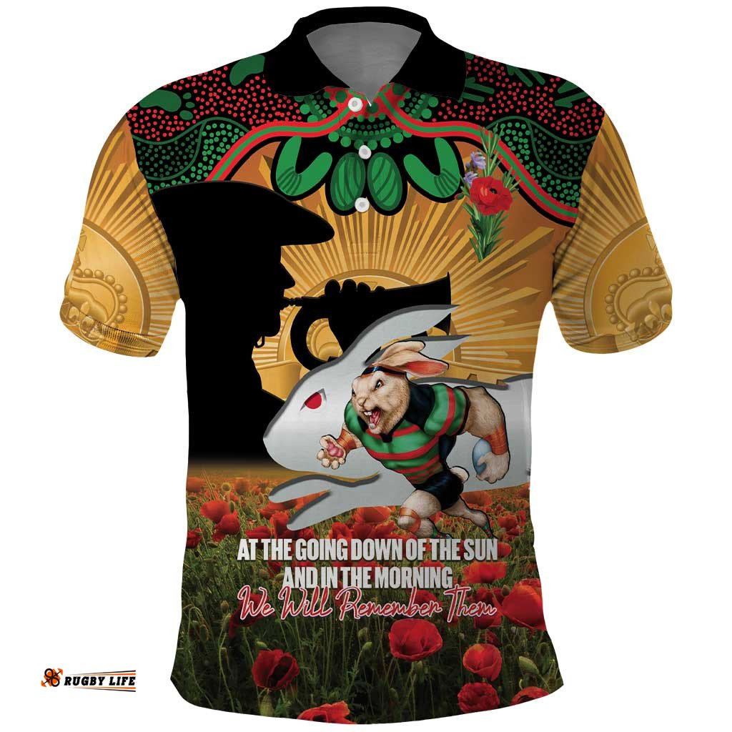 Personalised Rabbitohs Rugby ANZAC Day Polo Shirt Last Post Poppy We Will Remember Them LT14