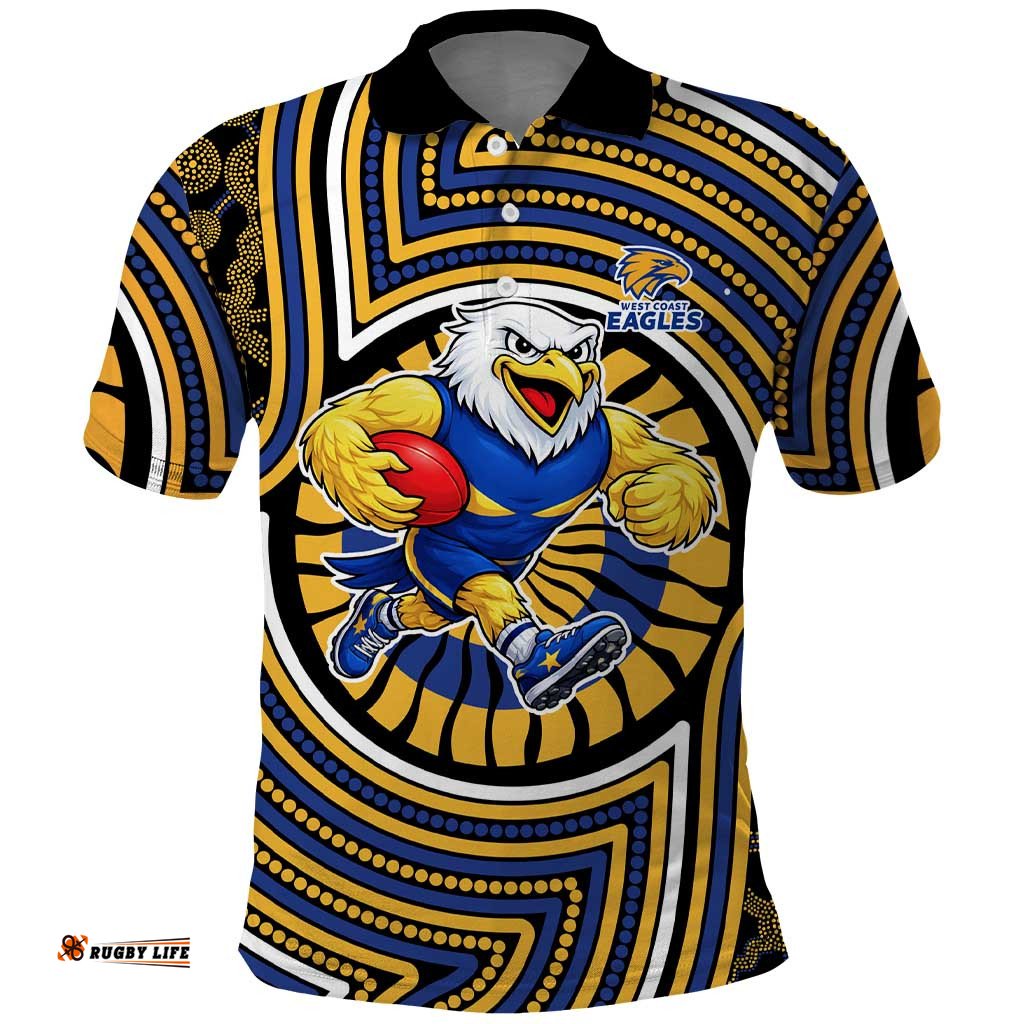 West Coast Eagles Polo Shirt Indigenous Monochrome Dot Art Mascot Style TS04