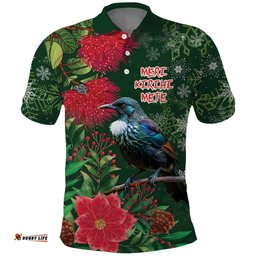 Tui Meri Kirihimete Personalised Polo Shirt Pohutukawa Flowers Green Motif LT9