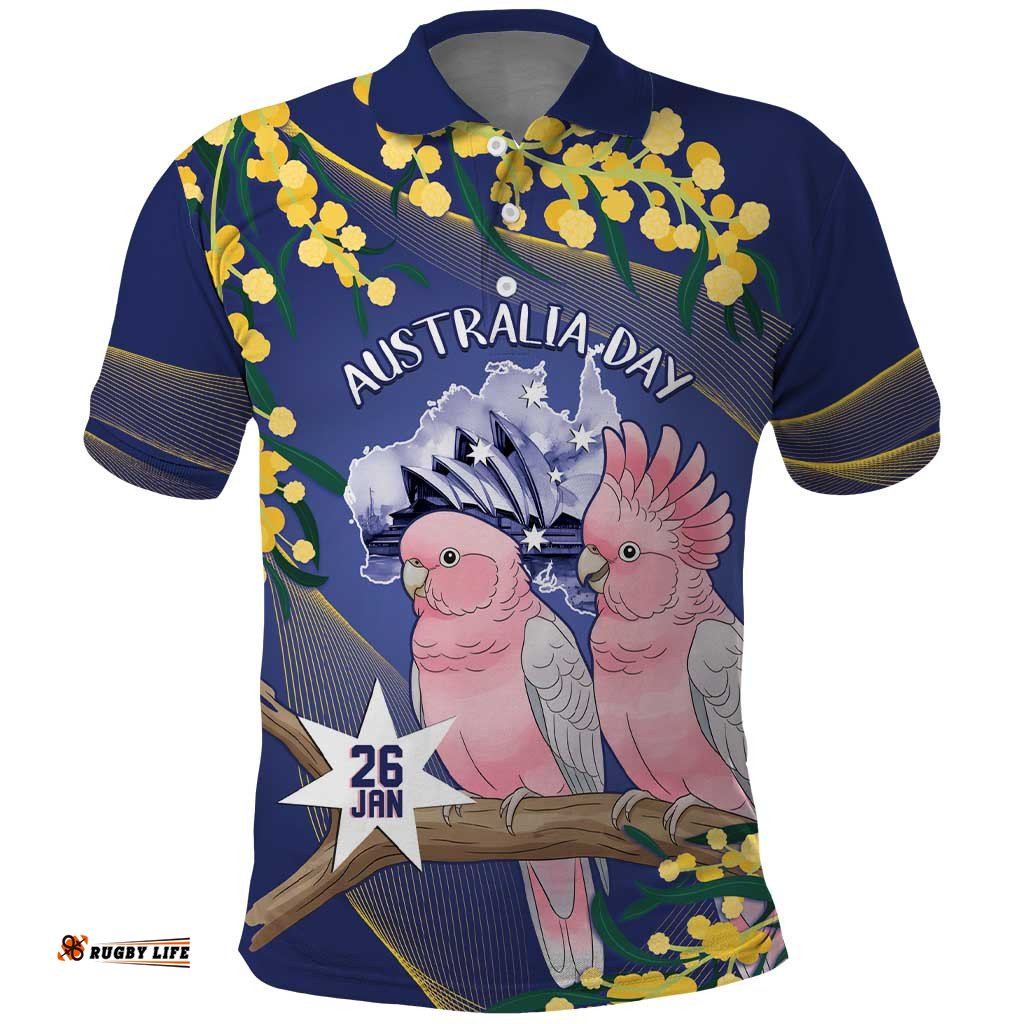 Personalised Pink Galah Australia Day Polo Shirt 26th January Golden Wattle Flag Color LT14