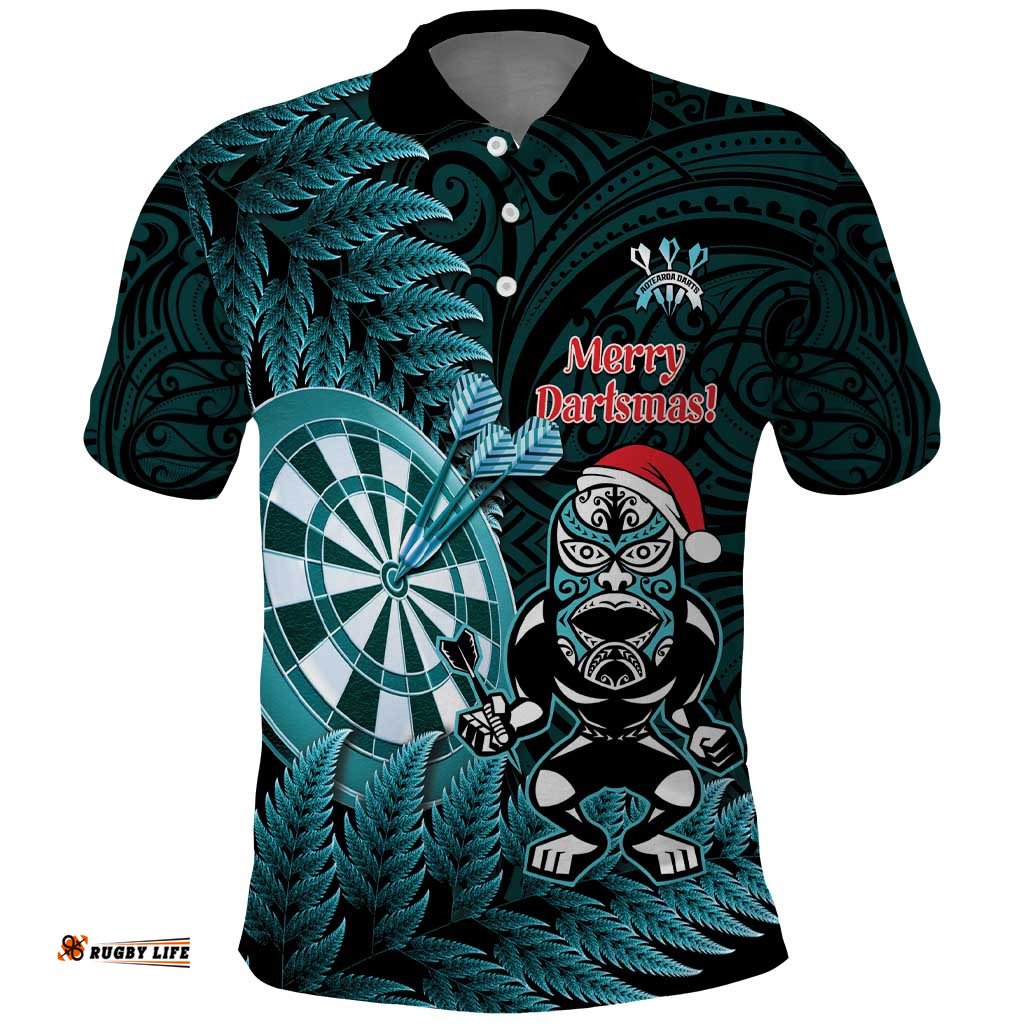 Personalised New Zealand Darts Christmas Polo Shirt Maori Fern Merry Dartsmas LT14