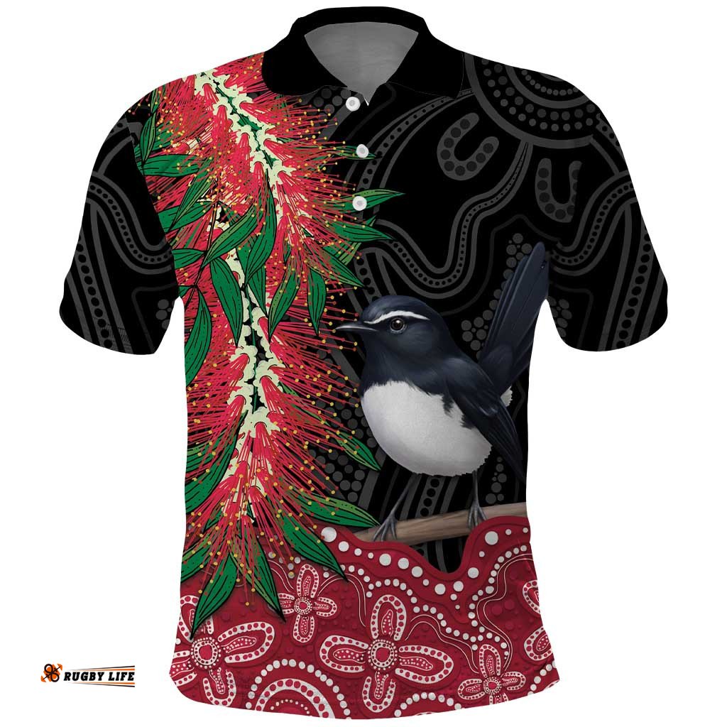 Willie wagtail Australia Polo Shirt Aussie Bottlebrushes Aboriginal Art LT14