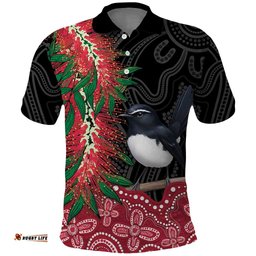 Willie wagtail Australia Polo Shirt Aussie Bottlebrushes Aboriginal Art LT14