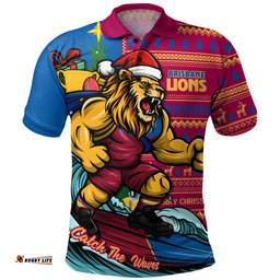 Brisbane Lions Polo Shirt Christmas Holiday Santa Rides The Waves