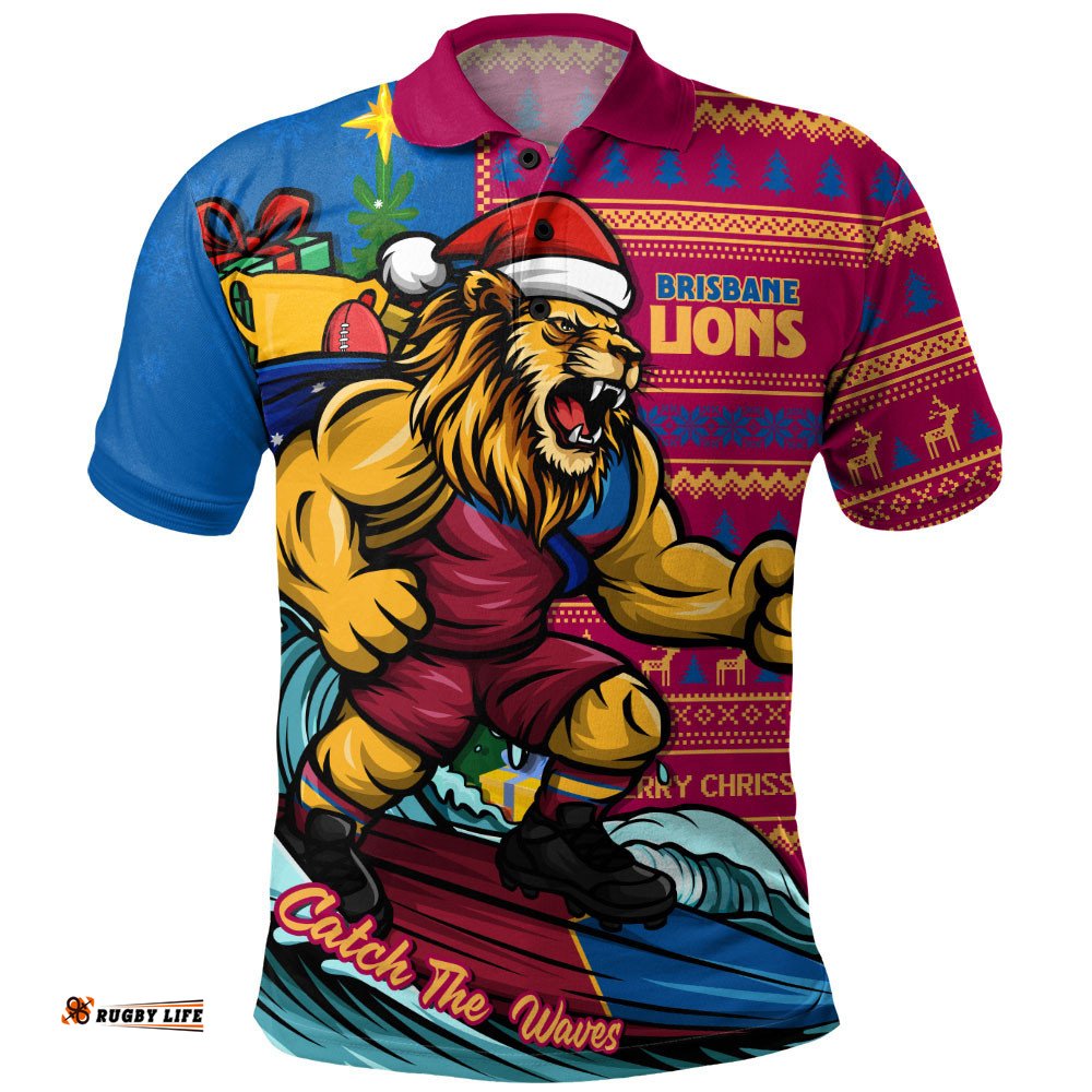 Brisbane Lions Polo Shirt Christmas Holiday Santa Rides The Waves