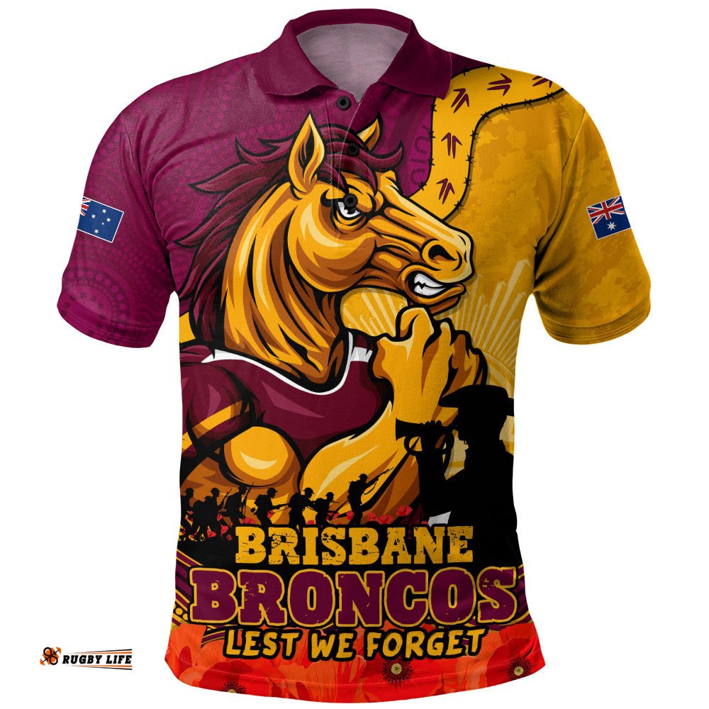 Brisbane Broncos Polo Shirt Anzac Day Remembrance Of Courage Loyalty Valor