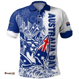 Australia Polo Shirt Australia Day Kangaroo Surfboard Blue Skyline Celebration