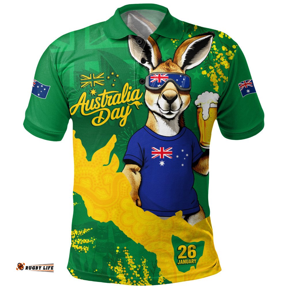 Australia Polo Shirt Australia Day Kangaroo Cheers Green Gold Celebration Edition