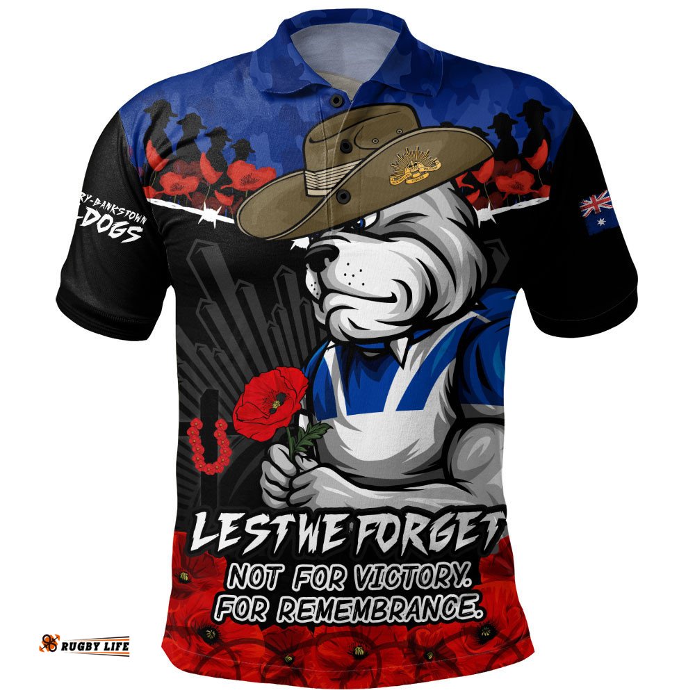 Canterbury-Bankstown Bulldogs Polo Shirt ANZAC Day Red Poppy And Brave Hearts Remembrance