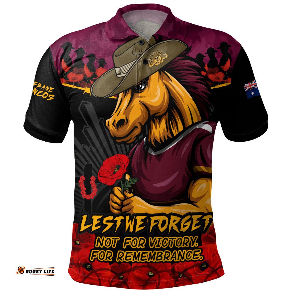 Brisbane Broncos Polo Shirt ANZAC Day Red Poppy And Brave Hearts Remembrance