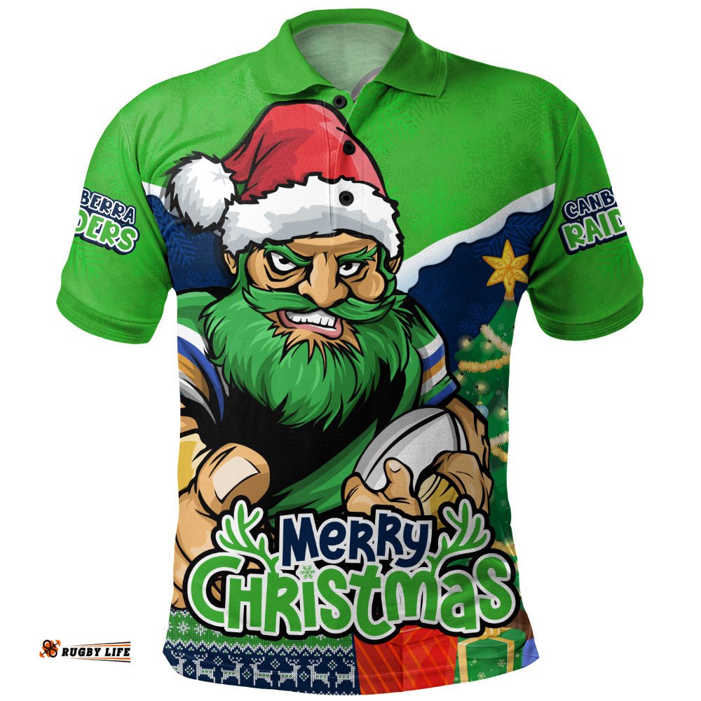 Canberra Raiders Polo Shirt Santa Scoring Touchdown On Christmas Game Day