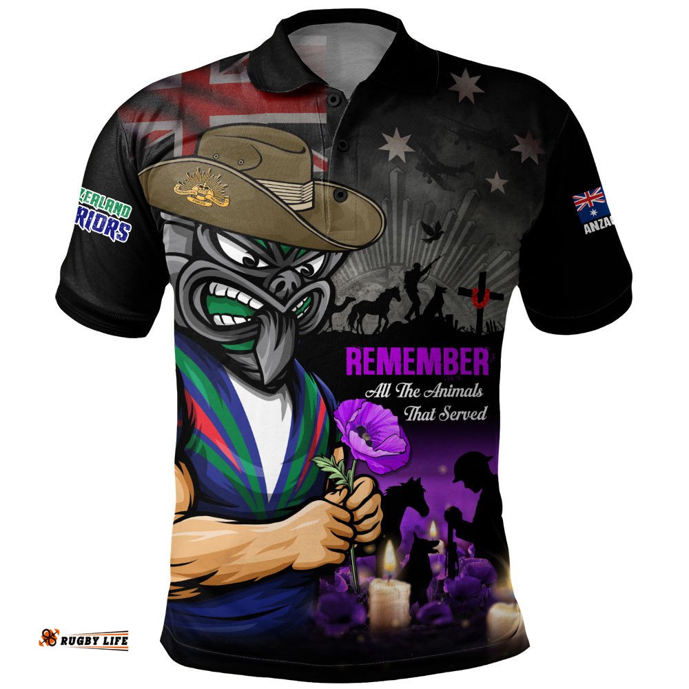 New Zealand Warriors Polo Shirt Anzac Day Purple Poppy And Animals That Served