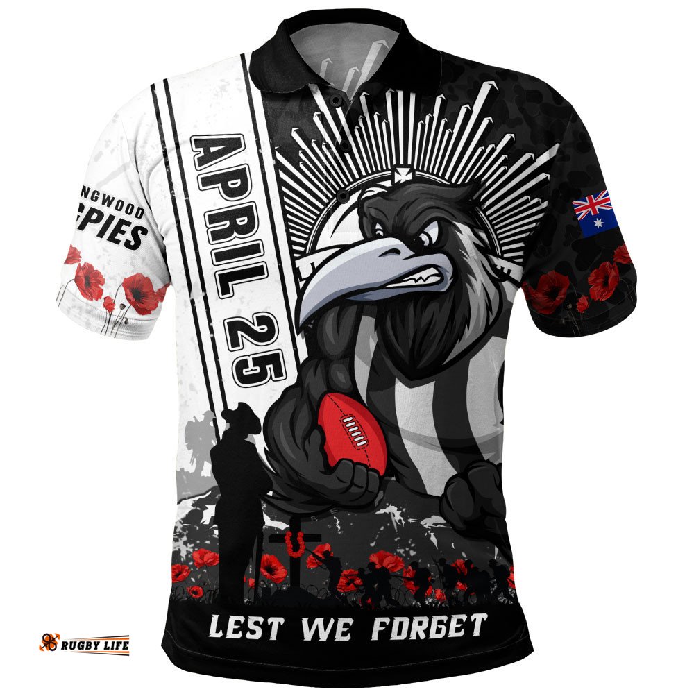 Collingwood Polo Shirt Anzac Day Lest We Forget Memorial