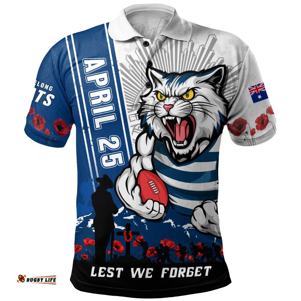 Geelong Cats Polo Shirt Anzac Day Lest We Forget Memorial