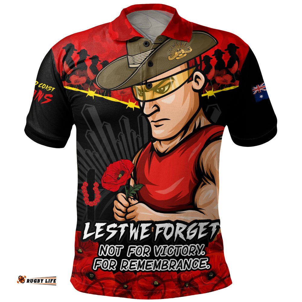 Gold Coast SUNS Polo Shirt ANZAC Day Not For Victory For Remembrance