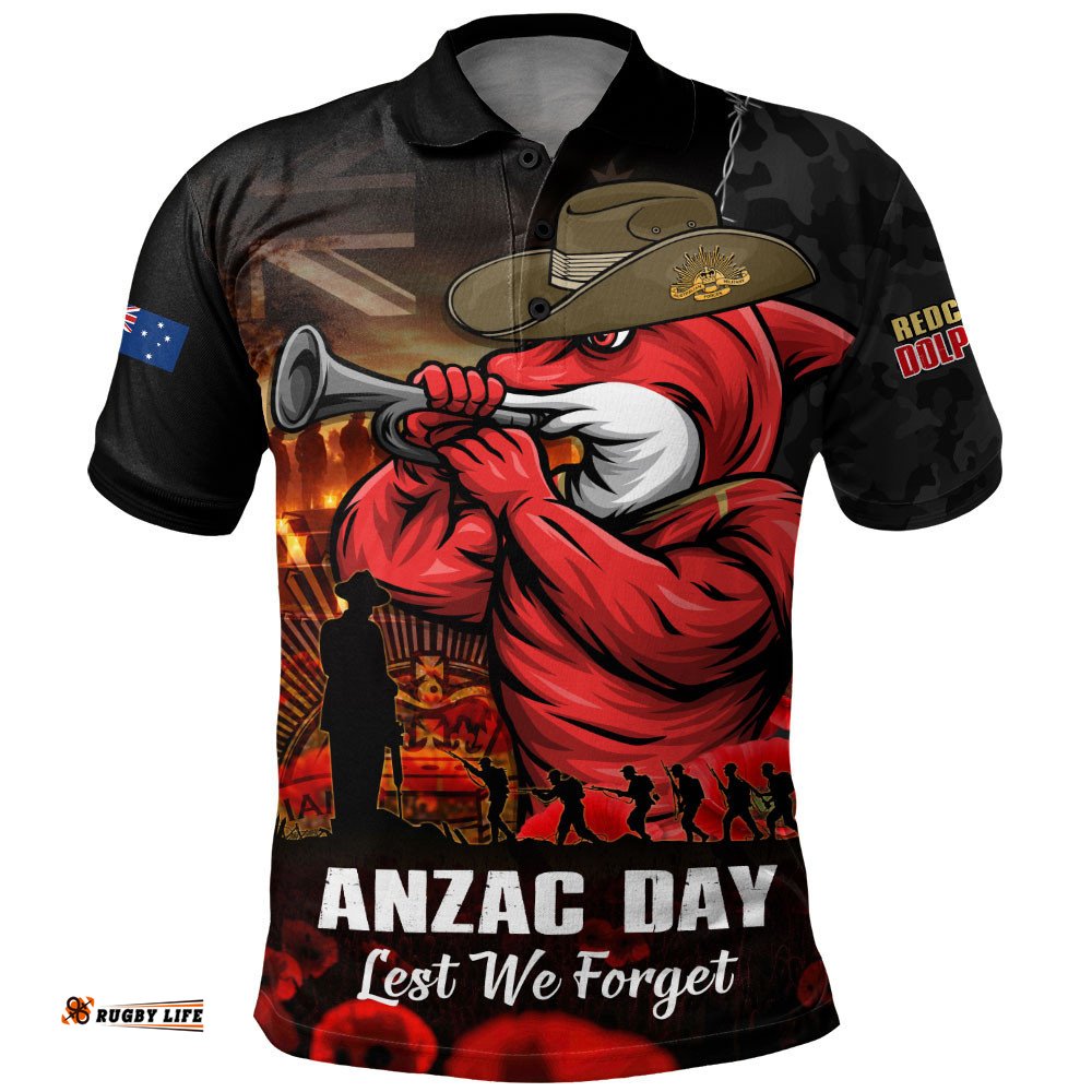 Redcliffe Dolphins Polo Shirt Anzac Day Rising Dawn Ceremony Lest We Forget Courage