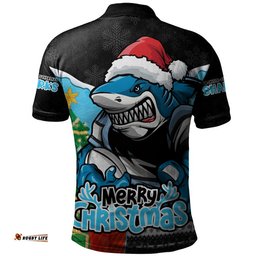 Cronulla-Sutherland Sharks Polo Shirt Santa Scoring Touchdown On Christmas Game Day