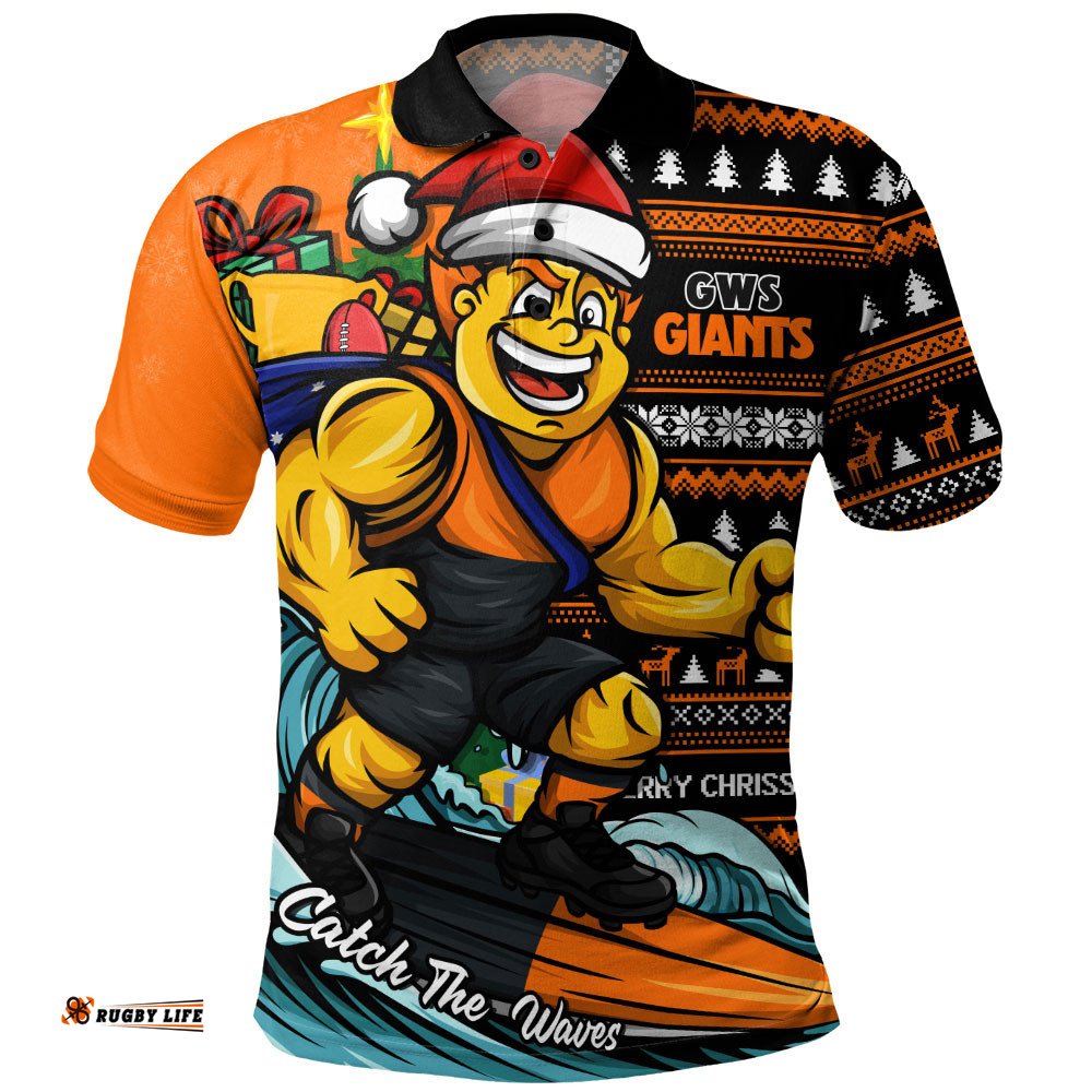 GWS GIANTS Polo Shirt Christmas Holiday Santa Rides The Waves