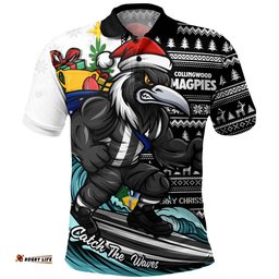 Collingwood Polo Shirt Christmas Holiday Santa Rides The Waves